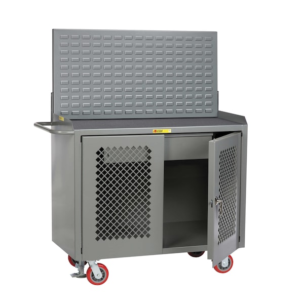 Mobile Bench Cabinet, Perf Doors, 36"W, HD Drawer, Louvered, Vinyl Mat